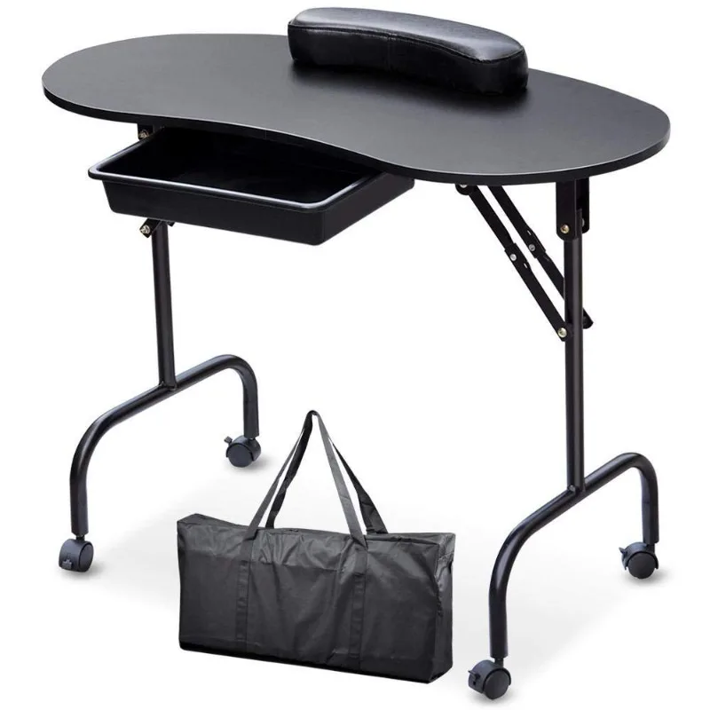 Manicure Nail Table Station - Foldable Nail Technician Desk Workstation Spa Beauty Salon w/Drawer/Client Wrist Pad/lockab