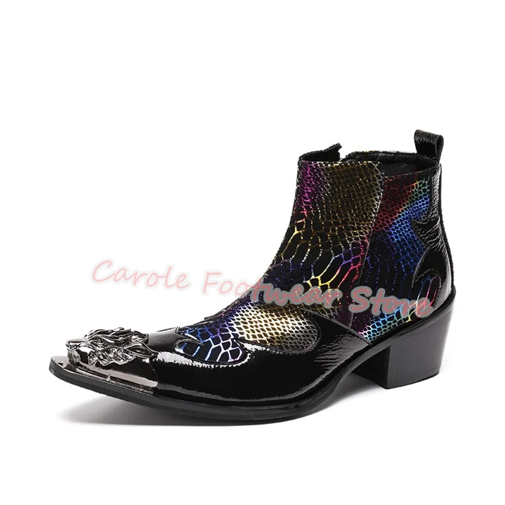 

Male Colorful Snake Pattern Splicing Leather Boots Metal Pointed Toe Chunky Heel Chelsea Boots for Men High Top Casual Boots