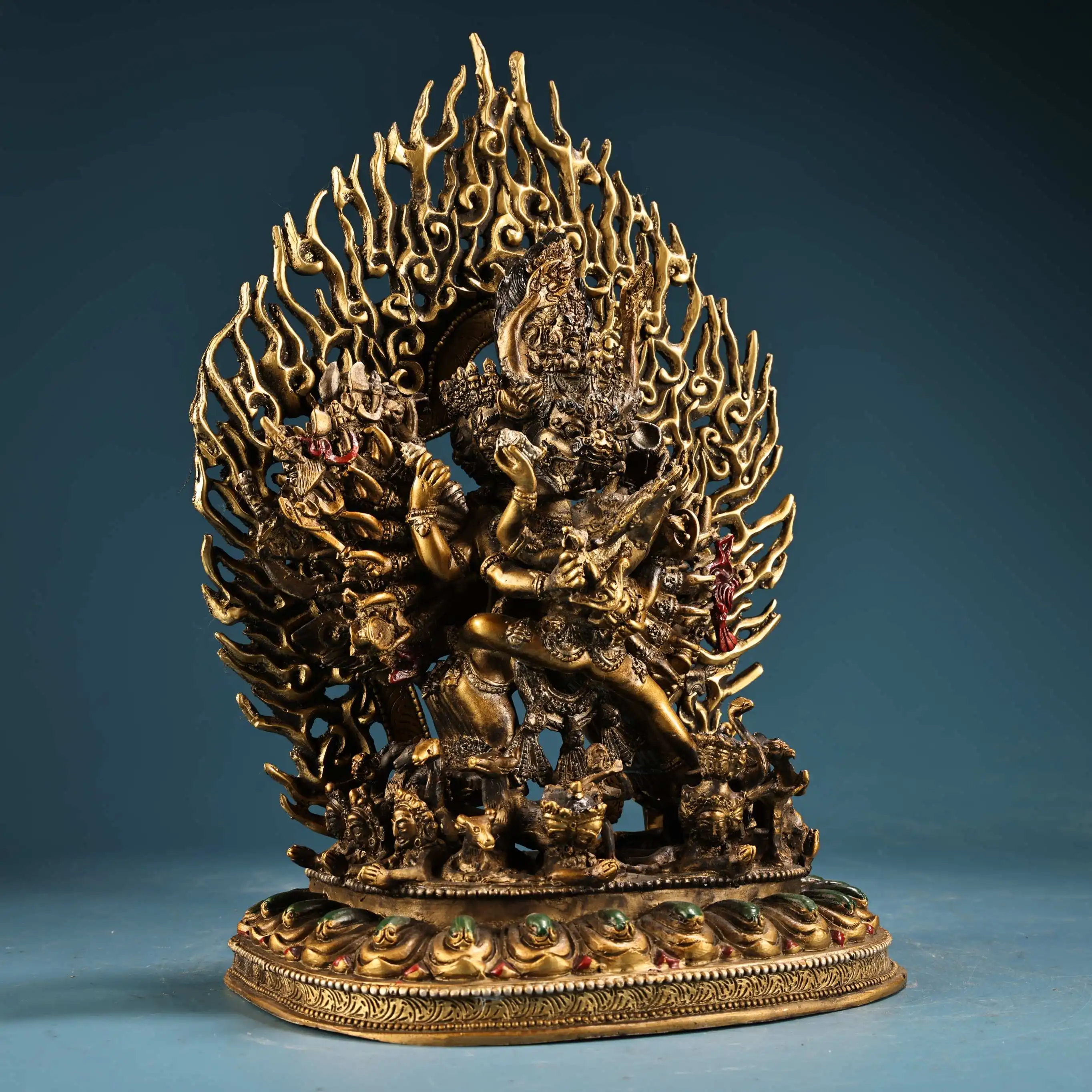 

11"Xizang Folk Old Bronze Painted High Relief Yamantaka Station Buddha Backlight Lotus Buddha Terrace Worship Hall