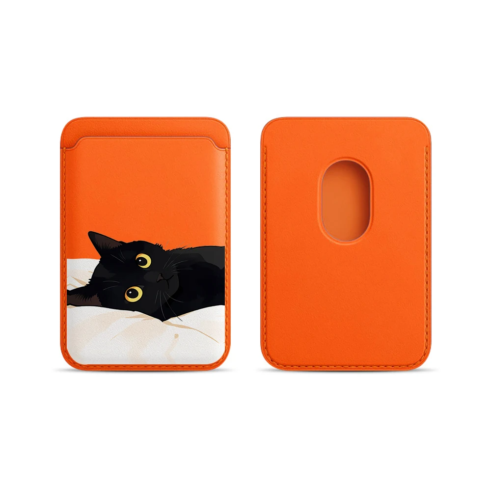 Schwarze Katzen-Leder-Kartenhülle für das Handy, geeignet für alle iPhone-Hüllen, Magsafe magnetische Kartenhalterung, einfache Handy-Rückentasche – Detail 6