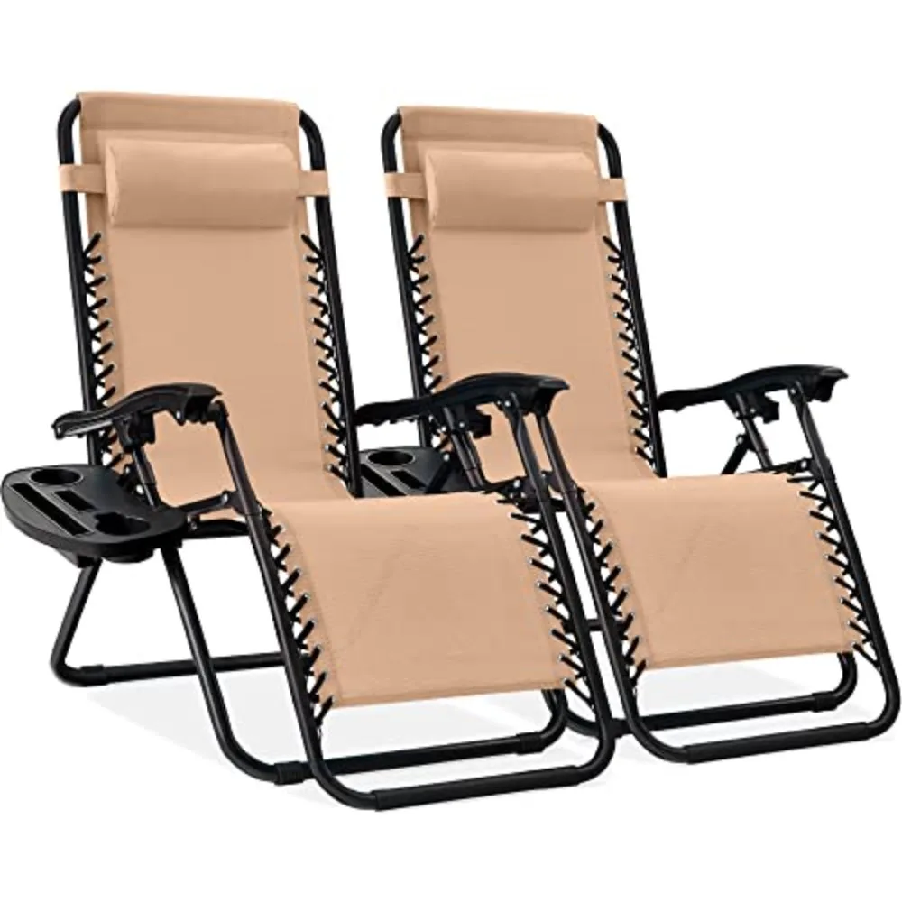Set of 2 Adjustable Steel Mesh Zero Gravity Lounge Chair Recliners w/Pillows and Cup Holder Trays - Beige