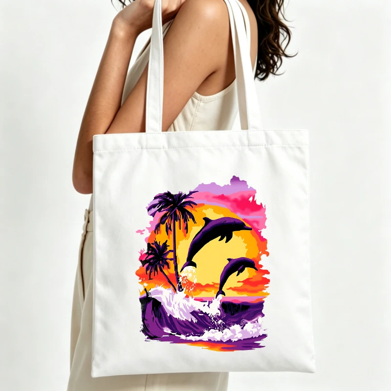 Women's Dolphin and Palm Tree Print Canvas Tote Bag, Retro Sunset Graphic for Summer Beach Outings and Casual Shopping