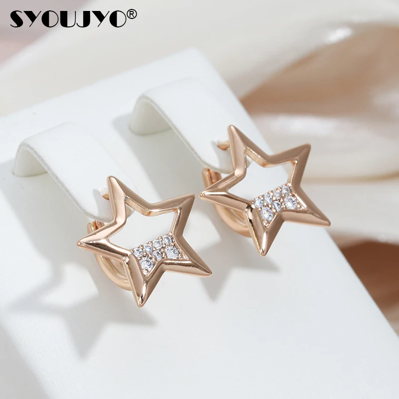 SYOUJYO Half-empty Pentagram Pierced Earrings For Women 585 Gold Color Cute Jewelry Shiny Cubic Zircon Inlaid