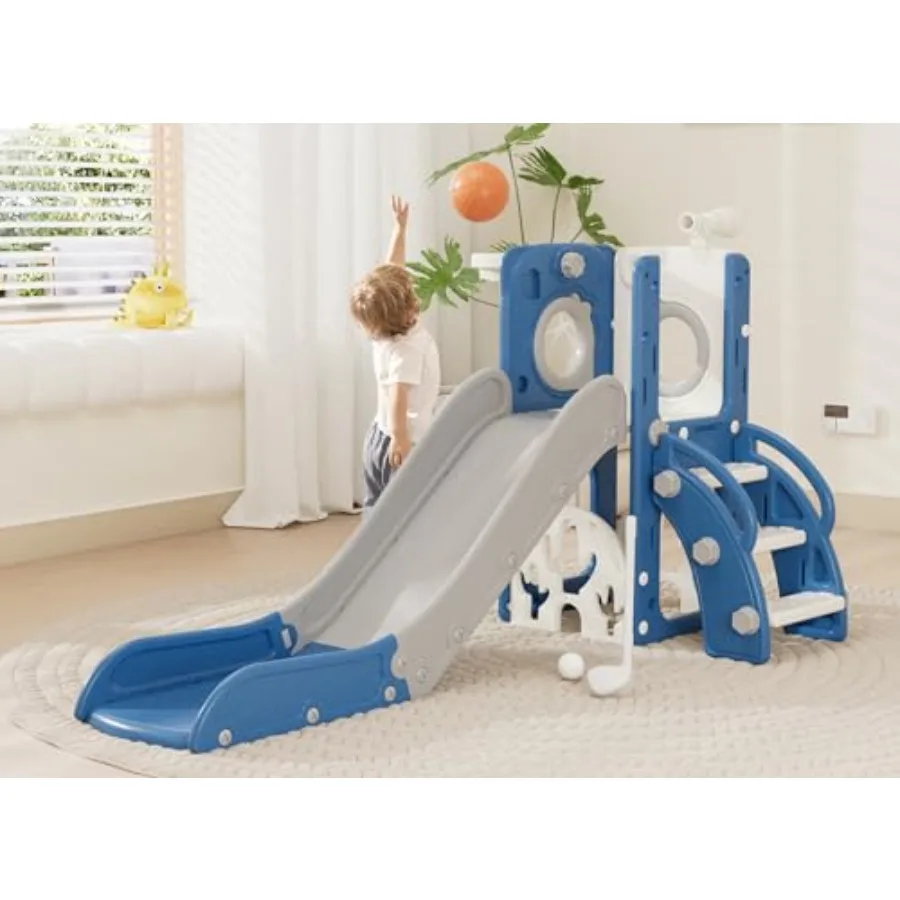 Toddler Slide, Indoor Backyard Play, 6-in-1 HDPE Climber Playset Blue Lightweight, UV-Resistant, Non-Toxic, Easy Assembly