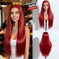 Pelucas delanteras de encaje sintético FREEDOM para mujer, peluca de encaje recta de 28 pulgadas, pelucas de Cosplay resistentes al calor, ombré, marrón, rojo y blanco