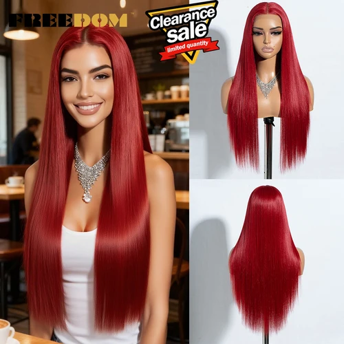 Imagen 1 del producto Pelucas delanteras de encaje sintético FREEDOM para mujer, peluca de encaje recta de 28 pulgadas, pelucas de Cosplay resistentes al calor, ombré, marrón, rojo y blanco