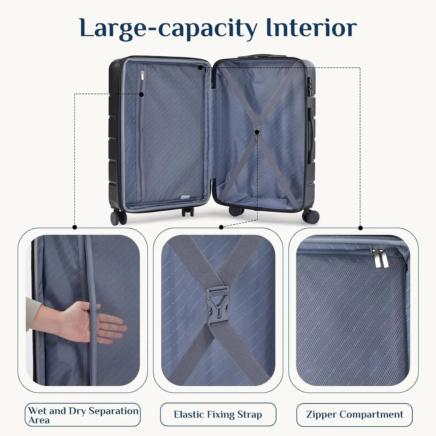 Hardside bagagem define com rodas Spinner, mala expansível, Tsa Lock, Shell duro, leve, preto, 20 ", 24", 28"