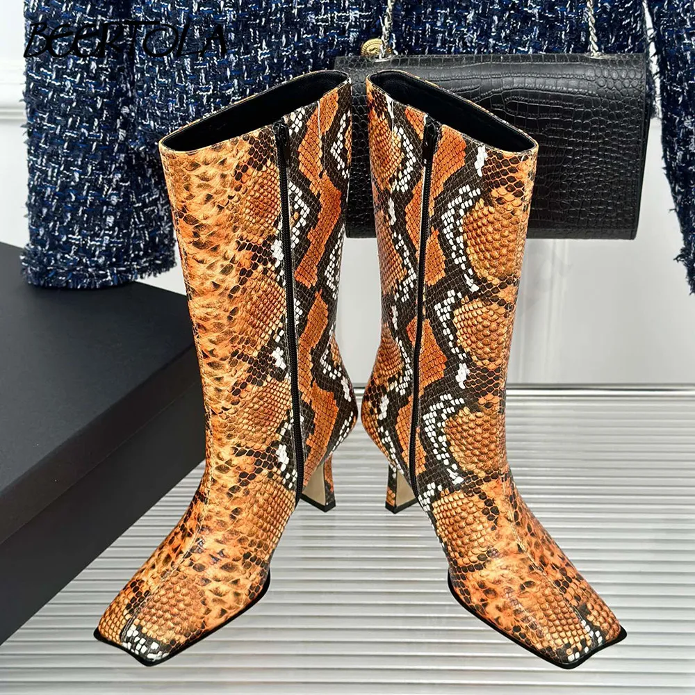 Women's Square Toe Snake Print Knee-High Boots Autumn and Winter New Simple Fashion Designer Long Boots Casual Daily Boots