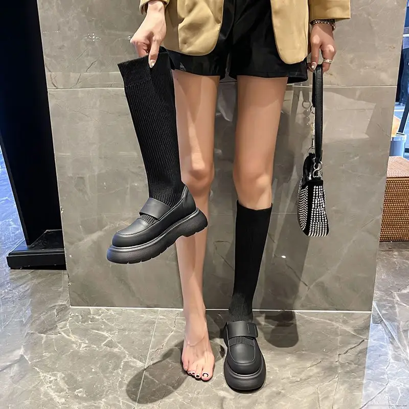 Shoes for Woman Lolita Footwear Black Winter Knee High Shaft Women\'s Boots Mary Janes Sock Long Pu Boot Spring Autumn Trend 2024