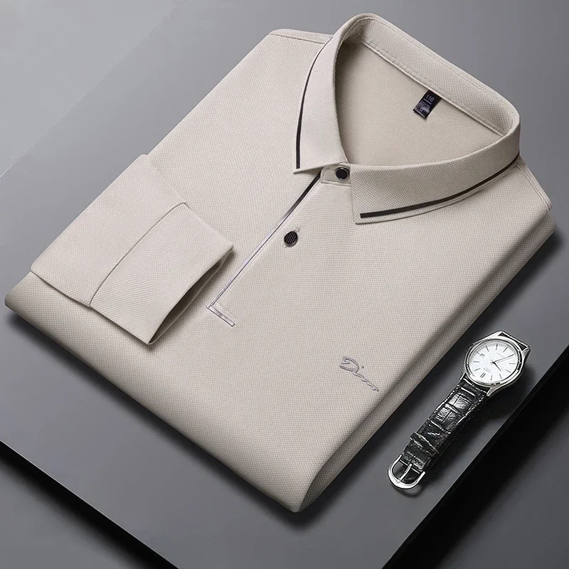 New Men's Business Casual Long Sleeved Shirt with Badge Solid Color Polo Shirt Fashionable Breathable Comfortable Versatile Top image 3