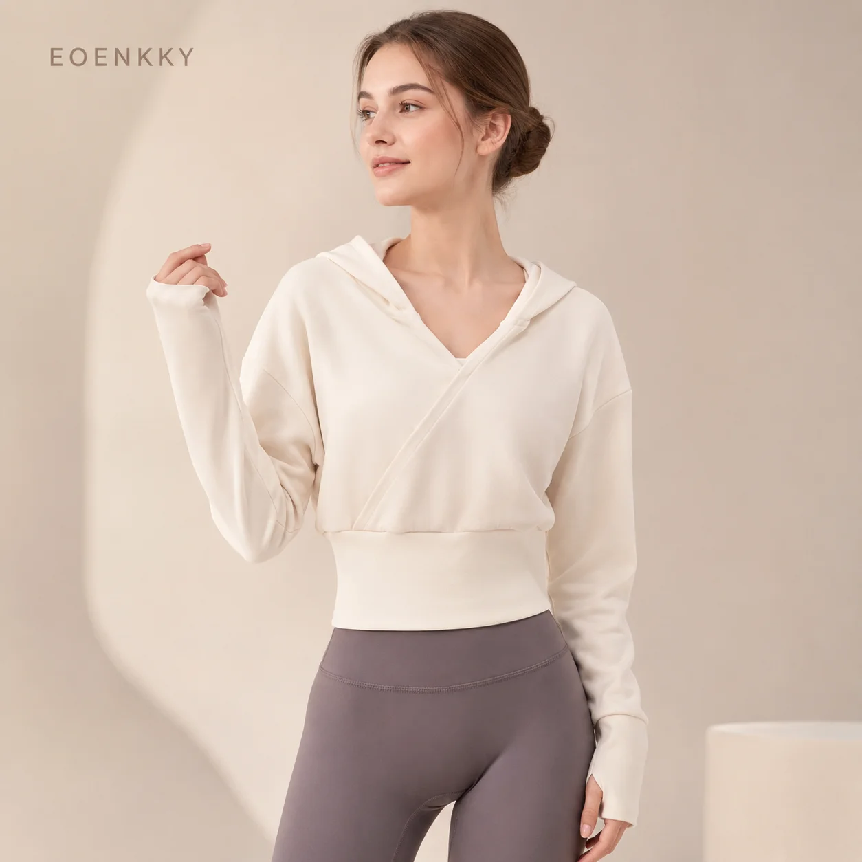 EOENKKY Women Yoga Top Hooded Long Sleeve Workout Shirt Wrap V Neck Cropped Gym Hoodie High Stretch Fitness Activewear