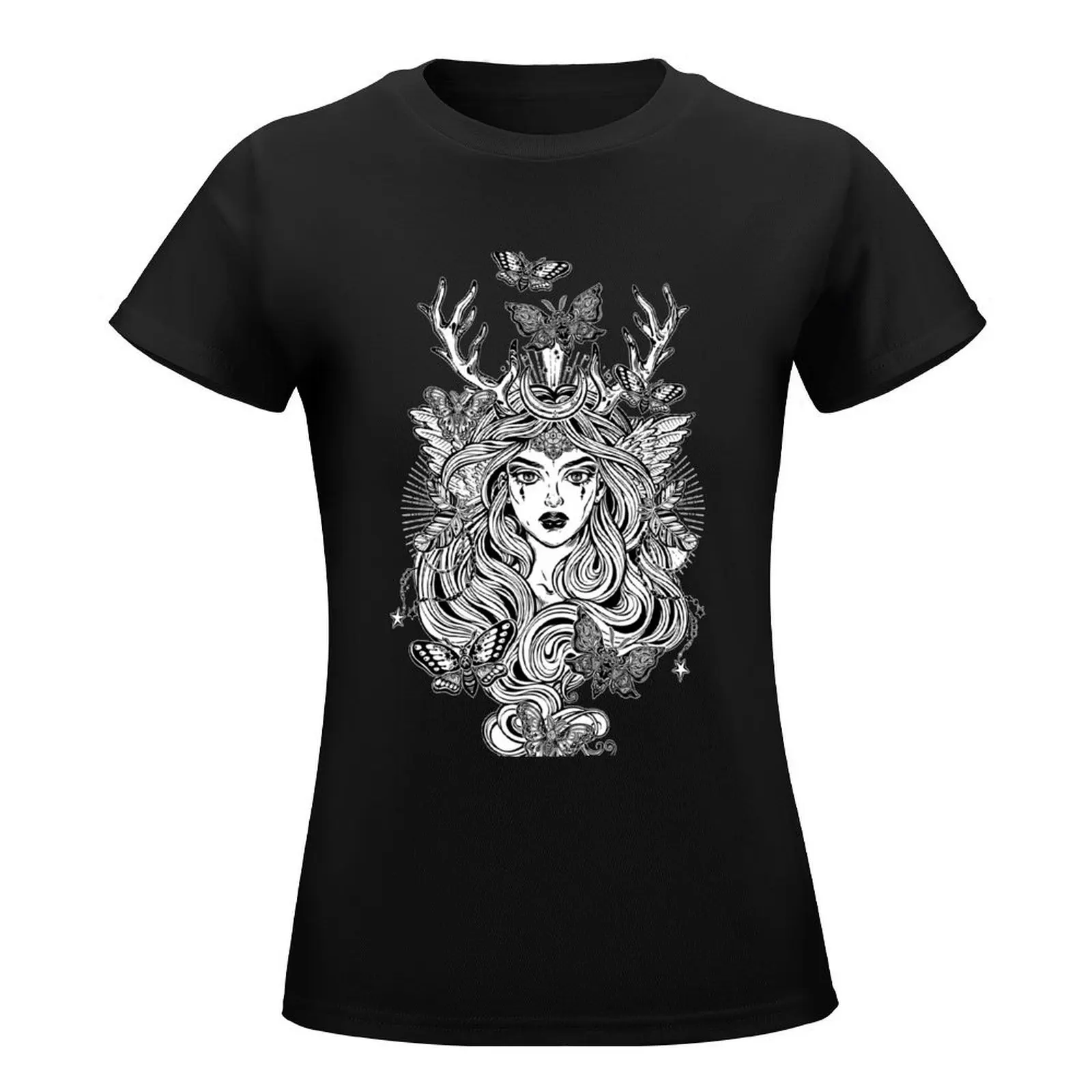 Shaman elf magic woman with deer antlers and long hair, nightn moths and butterflies. T-Shirt sublime tees t shirts for Womens