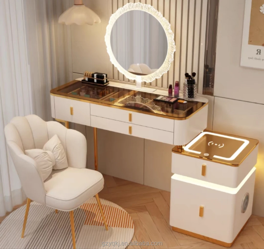 

Modern Simple Solid Wood Makeup Table Intelligent Dressing Table with Wireless Charging Multifunctional Bedroom Vanity