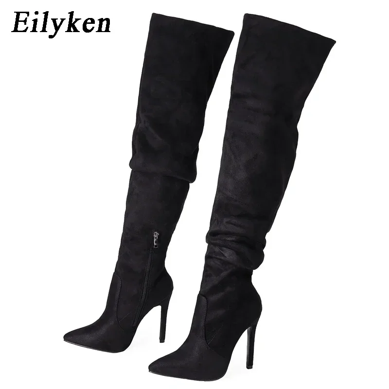 Eilyken Winter Pleated Women Over The Knee Boots Sexy Stiletto High Heel Zipper Shoes Pointed Toe Female Long Booties