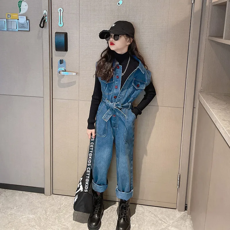 

Kids Jumpsuits Autumn 2023 Sleeveless Denim Playsuits Fashion All-match Kids Bodysuits Casual Slim Teenage Children Clothes