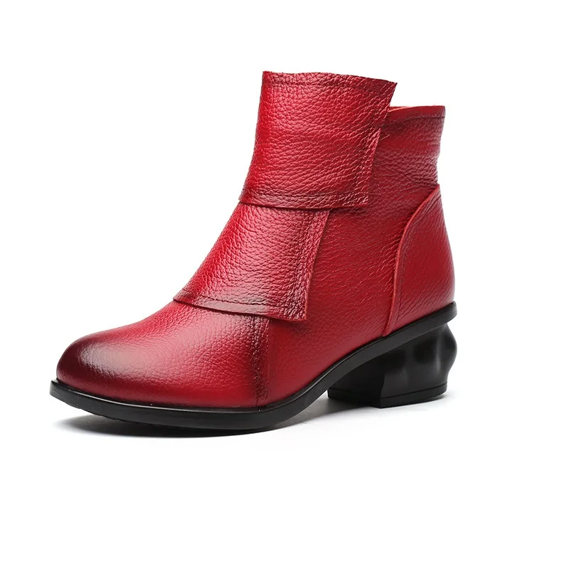 

Retro waterproof ankle boots women's genuine leather blue square heels shoes ladies vintage comfortable boots luxury heeled shoe