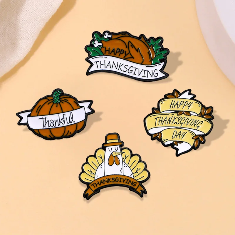 4pcs Cute Cartoon Happy Thanksgiving Day Enamel Brooch Creative Pumpkin Turkey Lapel Pin Badge Backpack Clothing Hat Accessories