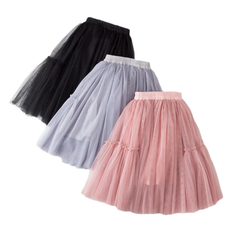 Kids Skirts For Girls Cotton Lace Tutu Pleated Skirt Black Pink Gray Children's Clothing 4 6 8 10 12Y Pettiskirt Party Clothes