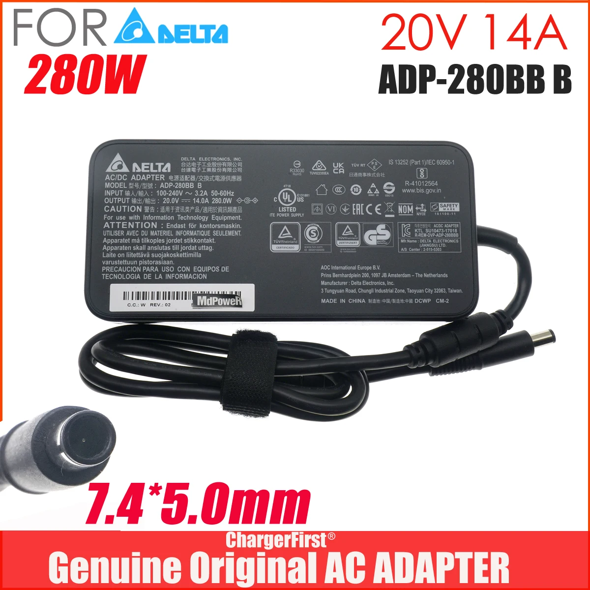 Original Delta ADP-280BB B 280W 20V 14A 7.4*5.0mm AC/DC Adapter OEM Charger for MSI GE75 Raider 9SG/RTX2080 Series Power Supply