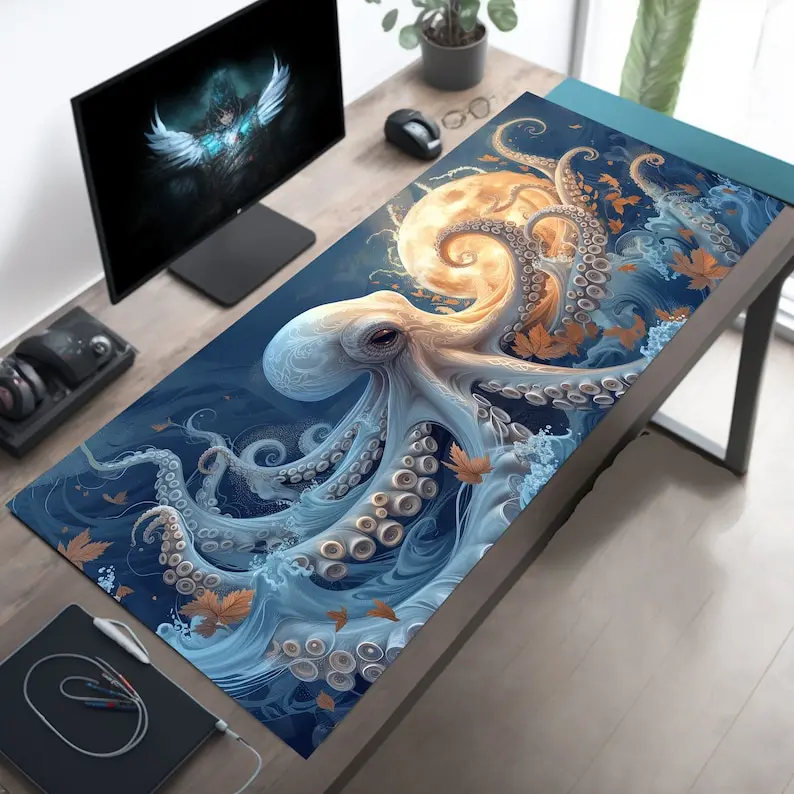 Octopus Desk Mat Octopi Moon Mousepad Mouse Pad Gaming Mouse Pad Office Desktop Accessories Desk Gadget Deco Gaming Setup Gamer