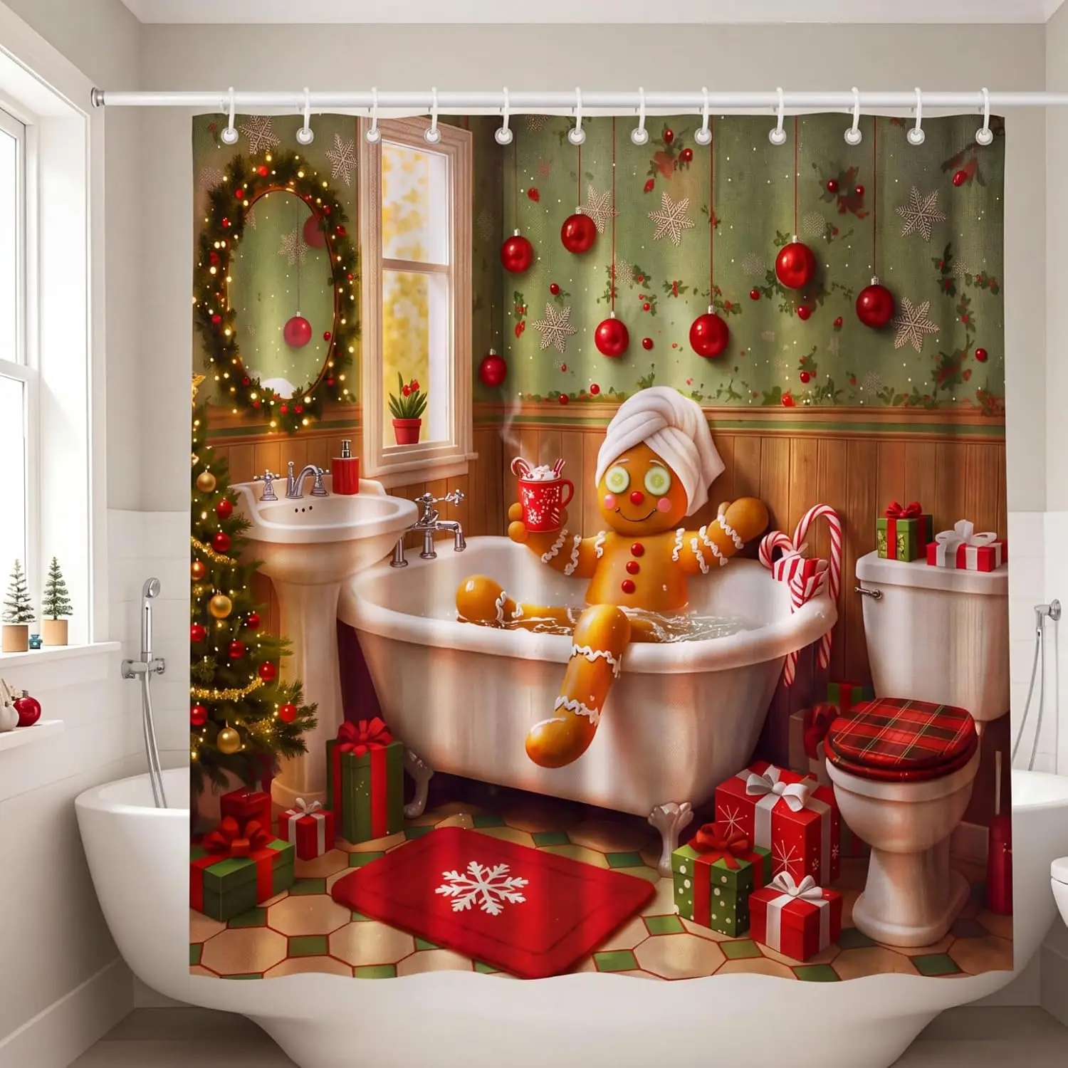 Irenare Funny Christmas Gingerbread Shower Curtain with Hooks, Bath Chill