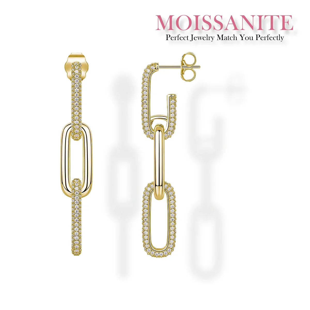 

Gold-Plated S925 Silver Moissanite Chain Drop Earrings - Elegant Link Design for Timeless Style