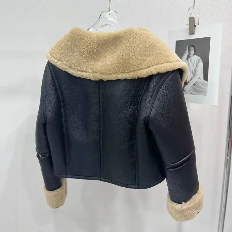 Chaqueta de piel de oveja para mujer, abrigos de cuero con cuello vuelto, cazadora de motociclista, prendas de vestir exteriores