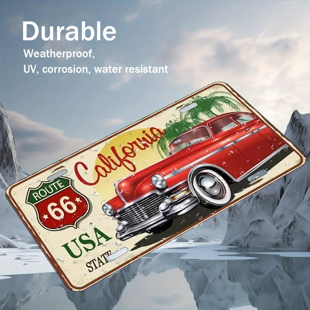 California Route 66 Classic Car 2D Flat Printing License Plate Style Metal Tin Sign, Retro American Road Trip Themed Decorative