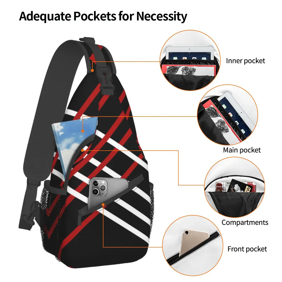 Diagonal Stripes Crossbody Sling Bag Small Chest Bag Abstract Geometric Shoulder Backpack Daypack for Hiking Outdoor Camping