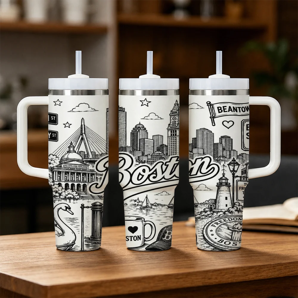 Boston Skyline Vacuum Flasks 40oz Stainless Steel Insulated Tumbler With Handle & Straw Leakproof Travel Mug