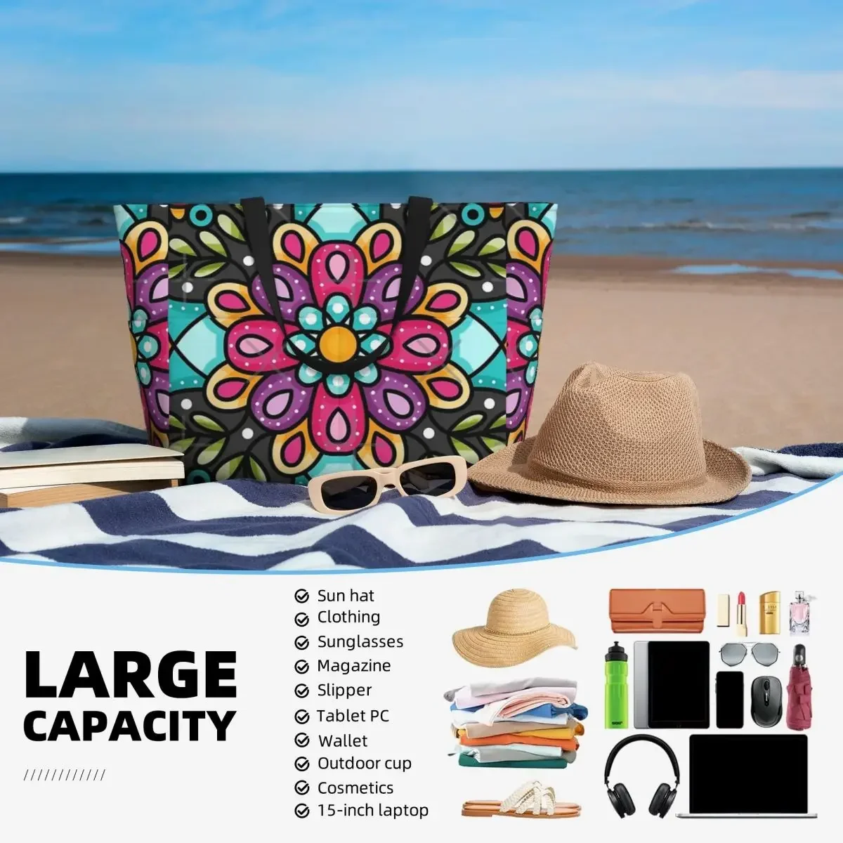 Sac de voyage de plage mandala à fleurs, sac fourre-tout de style mexicain, sac de voyage pratique de personnalité initiée, motif multi-style