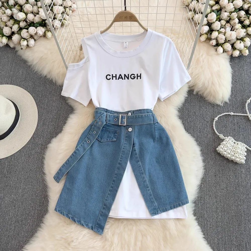 Korean Fashion Two Piece Skirt Set Women Summer Short Sleeve T shirt Dress High Waist A-Line Denim Mini Skirt Elegant Outfits