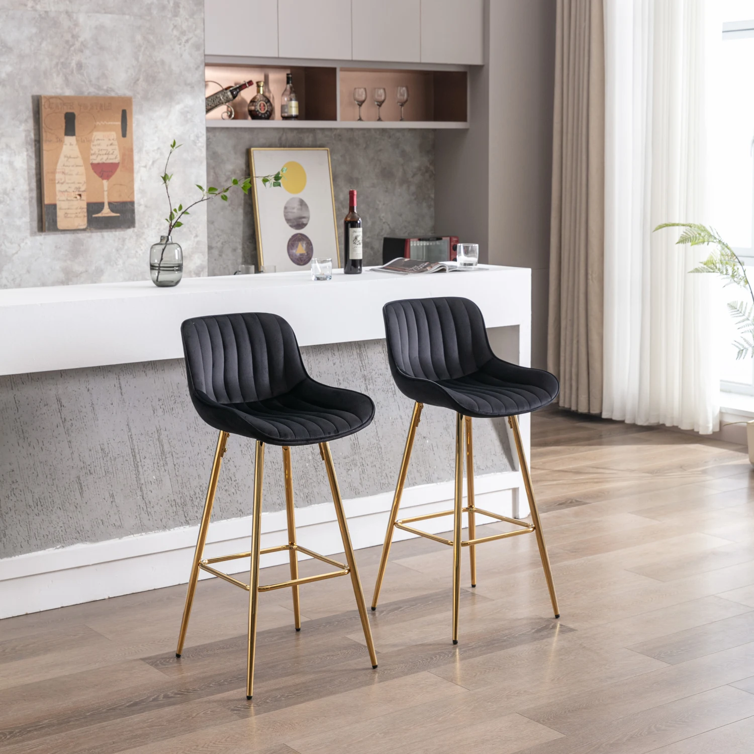 Ensemble de 2 tabourets de bar avec repose-pieds chromés, tabouret de comptoir en tissu velours, pied doré, tabouret de bar haut simple, noir, 30 po