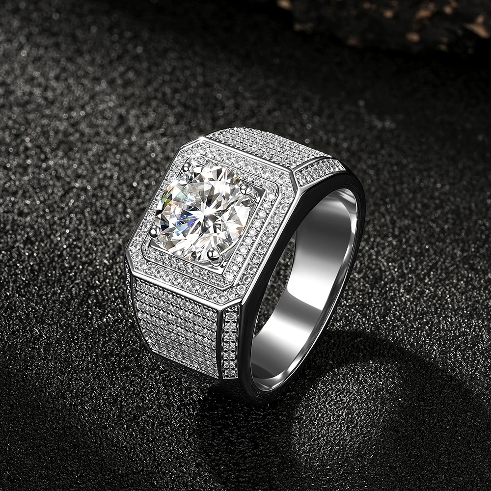 Rrjzz Sparkling 9mm Round D-Color Moissanite Double Layer Surround Luxury Mens Ring 3ct Wedding Engagement Ring Jewelry Gifts