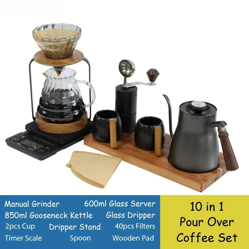 Pour Over Coffee Maker Set Portable Coffee Accessories Manual Grinder Glass Dripper Gooseneck Kettle Household Camping Picnic