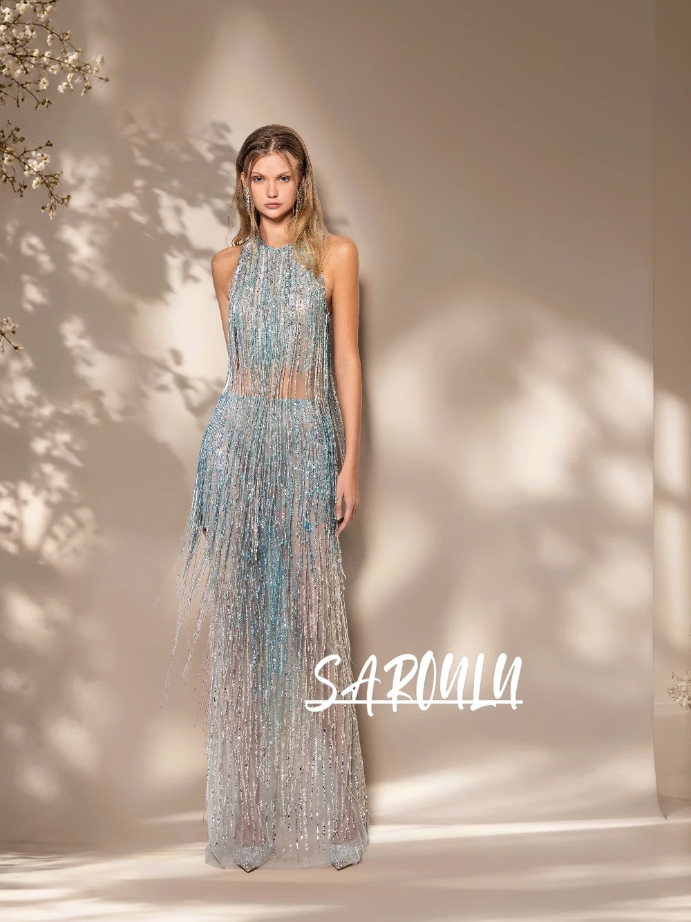 Blue Silver Gradient Beaded Tassel Fringe Evening Dress Luxury Sexy Halter Straight Prom Gown Customized Dubai Glitter Gala Wear