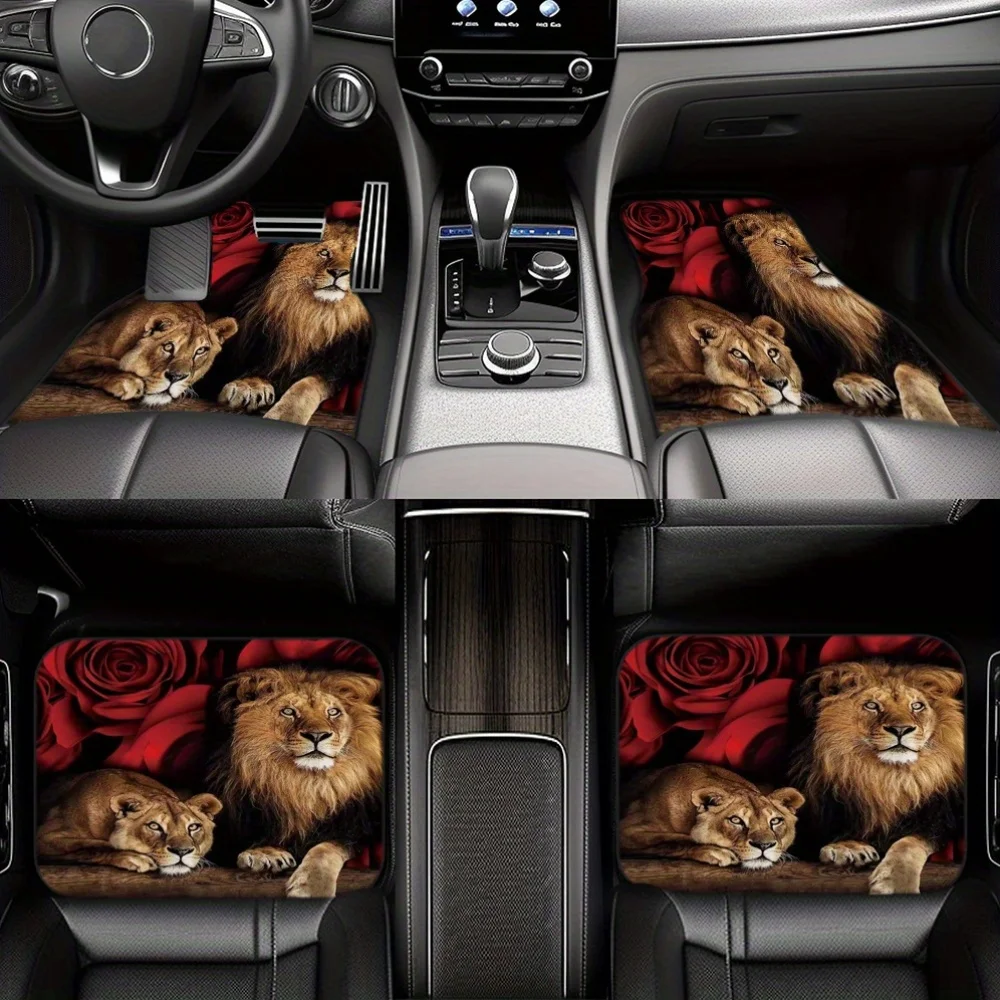 

4pcs Polyester Lion Printed Car Floor Mats | Front & Rear Protector Floor Pads, Auto Interior Additions, Suitable For Most Cars