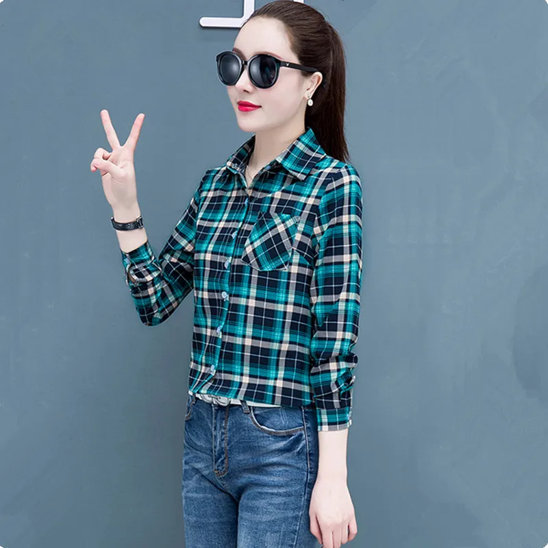 UHYTGF Spring Summer Shirt Women\'s Long-Sleeved Plaid Thin Tops Female Single Breasted Casual Students Shirts And Blouses 2471