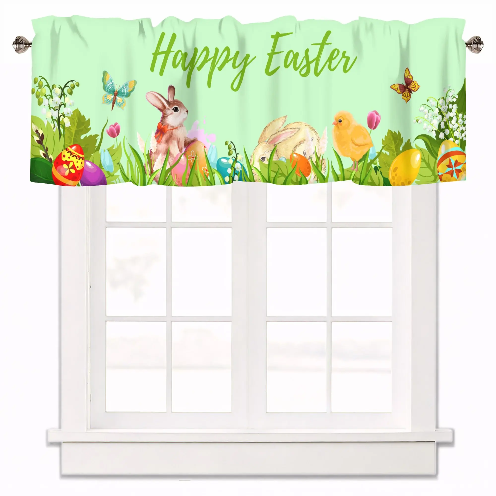 Easter Curtain Valances Rod Pocket Valance Window Rabbit Flower Green Short Curtains for Kitchen Living Room Bedroom Bathroom