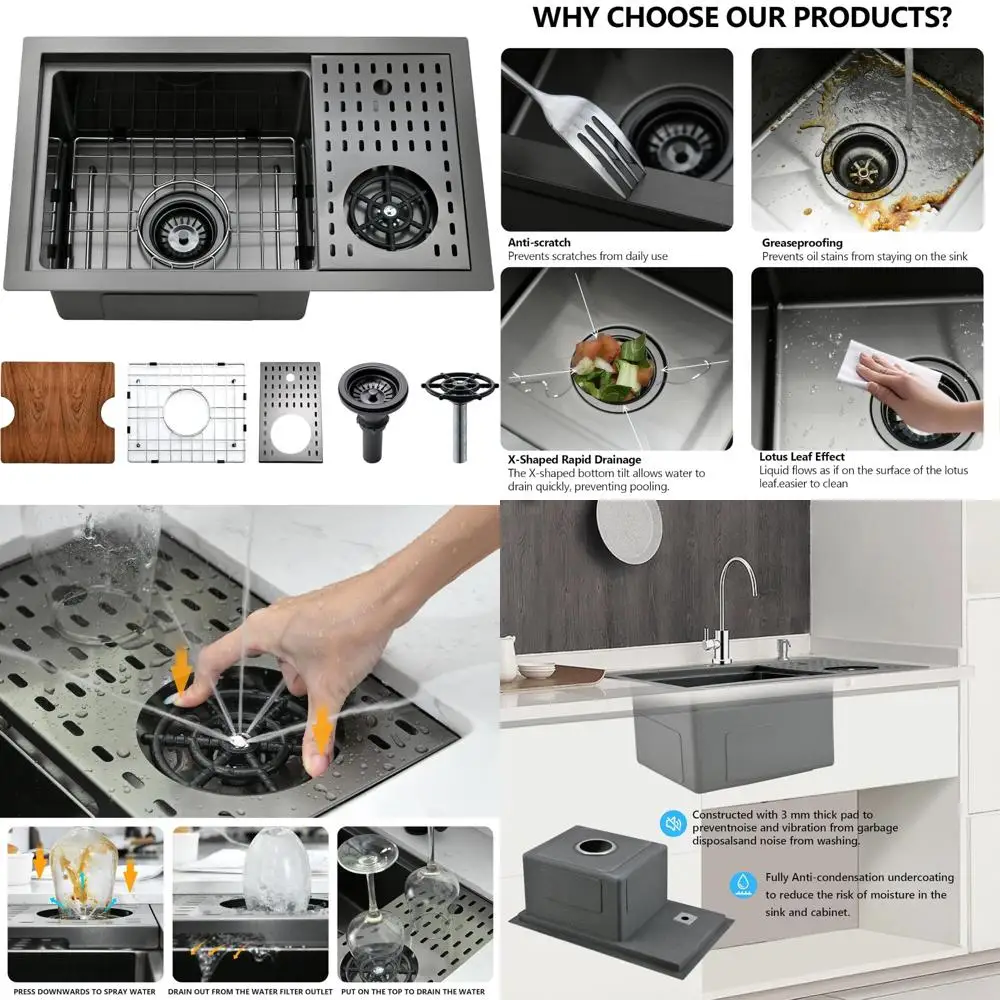 

23 Inch Black Undermount Bar Sink with Glass Rinser - PEPO Stainless Steel 23x14x9 Inch Workstation Sink for Bar and Kitchen Pre