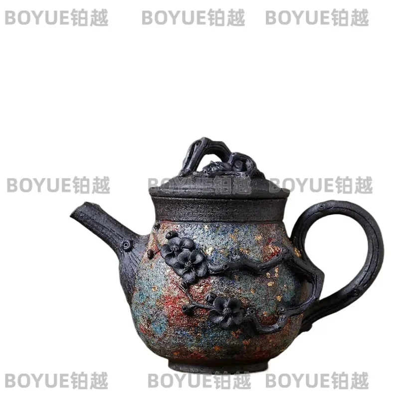 Handmade Coarse Pottery Teapot Japanese Style Plum Blossom Kung Fu Tea Set Single Pot for Firewood Burning Brewing Cup