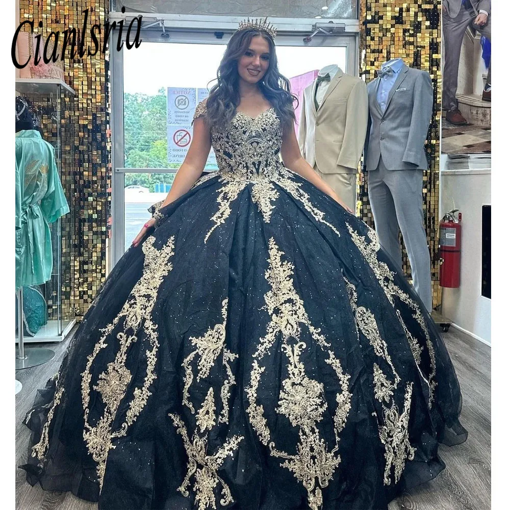 Black Off The Shoulder Ball Gown Quinceanera Dress For Girl Beaded Birthday Party Gowns Appliques Prom Dresses Vestido De 15 Ano