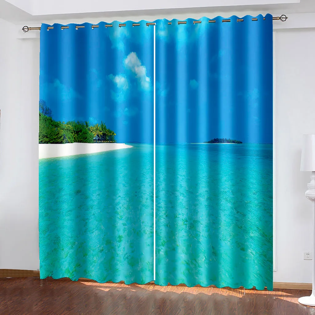 3D Polyester Window Curtains, 3D Nature Landscape, Blue Sand, Beach, Sea Palm Leaves, Shading, Bedroom, Living Room