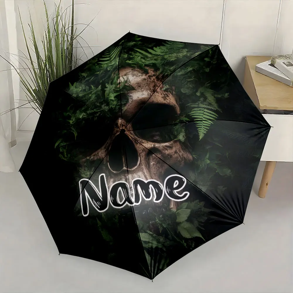 Custom Name Umbrella,Skull and Greenery Design Umbrella for Gothic and Nature Lovers