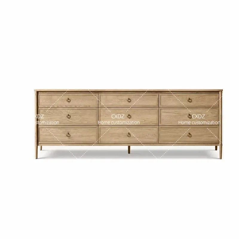 Modern Simple 9 Drawer Dresser Natural Color Multi Functional Storage Cabinet with Sturdy Wooden Legs and Durable Wood Top