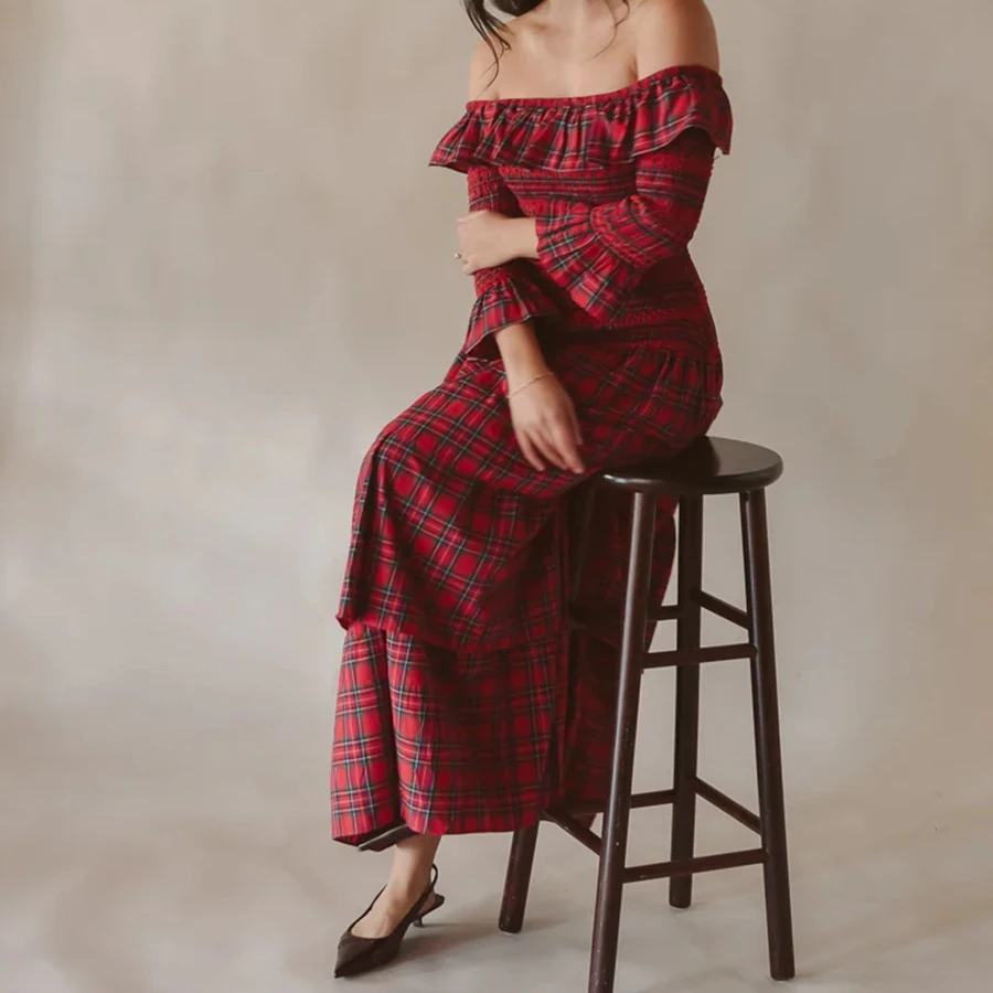 Retro Damenkleid mit Karomuster, knöchellang, lange Ärmel, schulterfrei, gerafftes Oberteil, mehrlagiges Kleid, Vintage-Stil