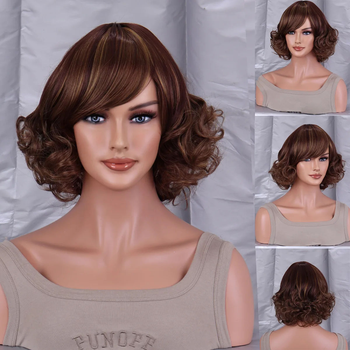 

Tan women's short hair oblique bangs short curls, fluffy hair, wig chemical fiber hair