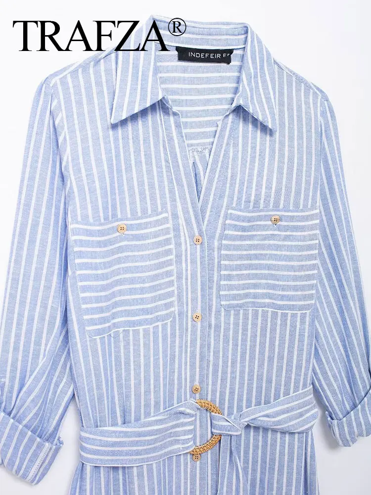 TRAFZA 2024 Female Commuter Shirt Dress Striped Long Sleeves Pocket Women's Casual Gentle With Belt Lapel Summer Elegant Dresses
