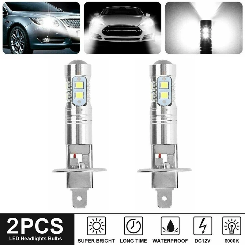 2Pcs H1 LED Headlight Fog Driving Light Bulbs 6000K Super White 100W Headlight Beam Fog Driving Light Bulbs