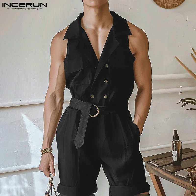 INCERUN Men Jumpsuits Solid Color Lapel Sleeveless Double Breasted Overalls Men Streetwear 2024 Fashion Casual Rompers With Belt